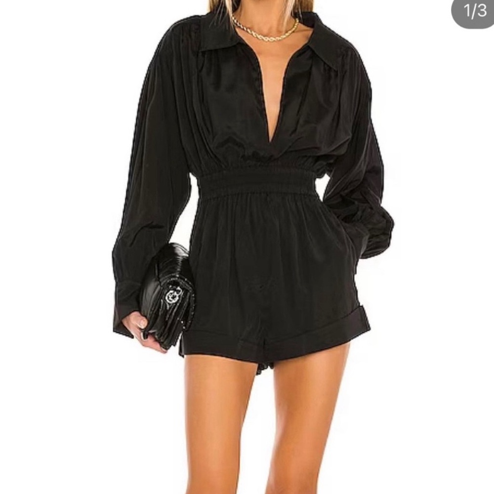 L’Academie Black satin romper with synched waist and pockets, xs